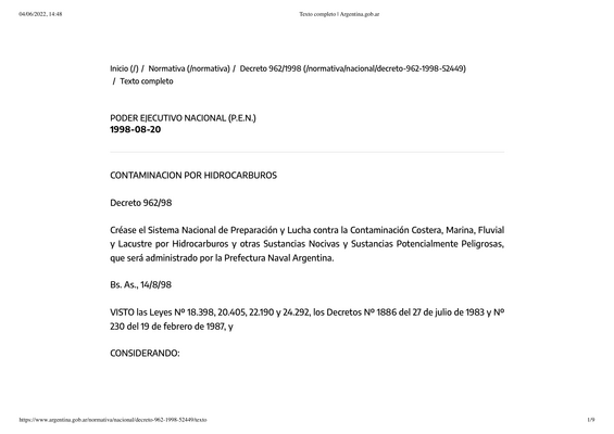 Thumbnail image for This decree creates the national system of preparation and fight against coastal, marine, fluvial and lake pollution by hydrocarbons and other noxious substances and potentially hazardous substances, which will be administered by the naval prefecture.