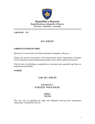 Thumbnail image for This Law aims at regulating the rights and obligations deriving from employment relationship, as defined by this Law.