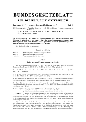 Thumbnail image for This document is concerned with the Federal law amending the Corporate Code, the Stock Corporation Act and the GmbH Act to improve sustainability and diversity reporting (Sustainability and Diversity Improvement Act, NaDiVeG).