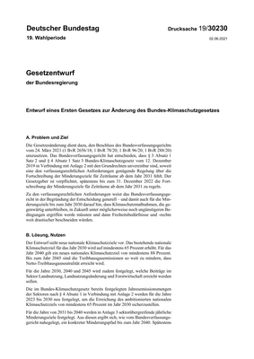 Thumbnail image for This document is concerned with the Draft of a first law to amend the Federal Climate Protection Act.