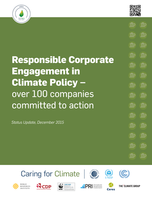 Thumbnail image for This document provides an overview of progress two years after the launch of the Guide for Responsible Corporate Engagement in Climate Policy at COP19. Over 100 companies from more than 20 countries have made a notable commitment to implement actions on responsible policy engagement in their company.