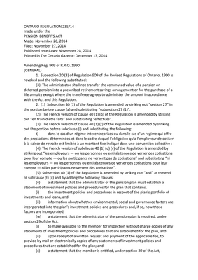 Thumbnail image for It requires plan administrators to file Statements of Investment Policies and Procedures ("SIPPs") with the regulator; which need to disclose whether they have taken ESG issues into consideration. Regulation 235/14 is an Amendment to Regulation 909 under the Pension Benefits Act: Disclosure of Environmental, Social and Governance Factors in Statements of Investment Policies and Procedures. Statements requires plan assets to be invested in accordance with the SIPP; require SIPPs to include information about whether, and if so, how, ESG factors are incorporated; and, requires annual statements to members to include information about the purpose of SIPPs. The regulation includes amendments that require plan administrators to provide written statements to former members and retired members, containing prescribed information about the pension plan and their benefits. The regulation also includes amendments to make it easier for individuals to transfer the commuted value of their pension benefits from an Ontario plan to a plan elsewhere in Canada when they change employment, allowing individuals to consolidate their pension benefits if the receiving plan so allows.