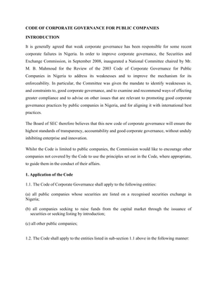 Thumbnail image for The purpose of this Code is to review the 2003 Code of Corporate Governance for Public Companies in Nigeria, address its weaknesses and to improve the mechanism for enforceability.