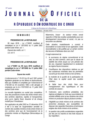 Thumbnail image for Ordinance-Law No. 81-013 of April 2, 1981 on general legislation on Mines and Hydrocarbons, as amended and supplemented by Ordinance-Law No. 82-039 of November 5, 1982 has been repealed and replaced by Law No. 007/2002 of July 11, 2002 on the Mining Code.