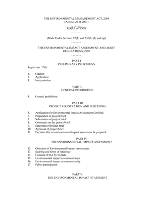 Thumbnail image for An Act to provide for legal and institutional framework for sustainable management of environment; to outline principles for management, impact and risk assessments, prevention and control of pollution, waste management, environmental quality standards, public participation, compliance and enforcement; to provide a basis for implementation of international instruments of environment; to provide for implementation of the National Environment Policy; to repeal the National Environment Management Act, 1983 and to provide for continued existence of the National Environment Management Council; to provide for the establishment of the National Environmental Trust Fund and to provide for other related matters.