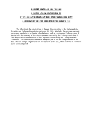 Thumbnail image for This document includes a principal text of the rule filing submitted by the Exchange to the Securities and Exchange Commission on August 16, 2002. It includes the proposed corporate governance standards, as well as the related changes made to certain other Exchange rules.