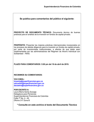 Thumbnail image for The purpose of this document is to present the best international practices incorporated in the due diligence processes for investment in private equity funds, by institutional investors, in order for them to be implemented by the administrators of the Individual Savings Regime with Solidarity - RAIS.