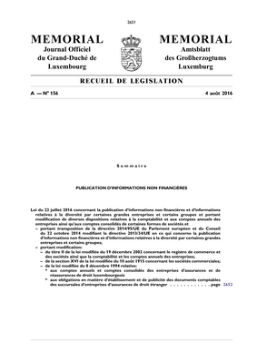 Thumbnail image for This document outlines the law of 23 July 2016 concerning the publication of non-financial information and information relating to diversity by certain large companies and certain groups and amending various provisions relating to the accounting and annual accounts of companies as well as consolidated accounts of certain forms of companies.