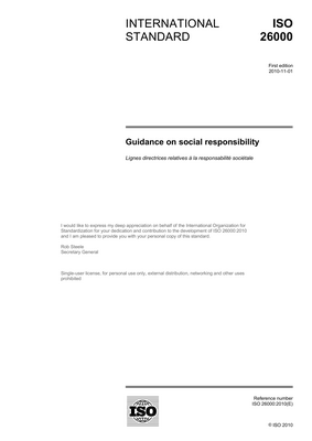 Thumbnail image for ISO 26000:2010 provides guidance rather than requirements, so it cannot be certified to unlike some other well-known ISO standards. Instead, it helps clarify what social responsibility is, helps businesses and organizations translate principles into effective actions and shares best practices relating to social responsibility, globally. It is aimed at all types of organizations regardless of their activity, size or location.