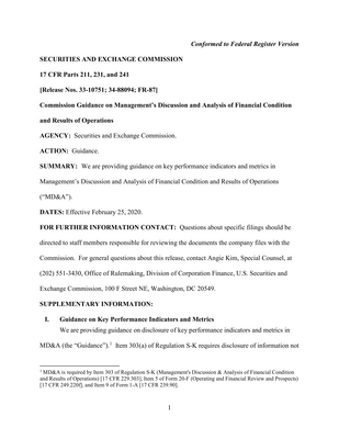 Thumbnail image for This document provides guidance on key performance indicators and metrics in Management’s Discussion and Analysis of Financial Condition and Results of Operations (“MD&A”).