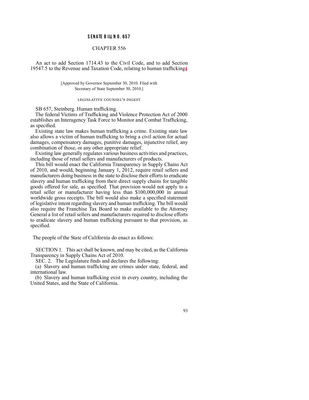 Thumbnail image for This document is concerned with a senate bill which outlines an act to add Section 1714.43 to the Civil Code, and to add Section 19547.5 to the Revenue and Taxation Code, relating to human trafficking.