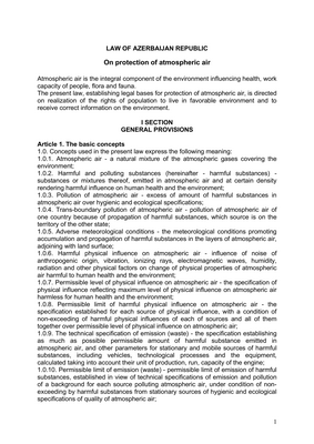 Thumbnail image for Atmospheric air is the integral component of the environment influencing health, work capacity of people, flora and fauna. The present law, establishing legal bases for protection of atmospheric air, is directed on realization of the rights of population to live in favorable environment and to receive correct information on the environment.