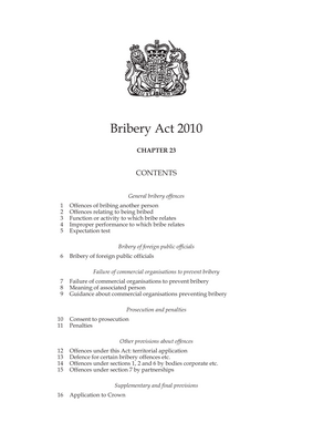 Thumbnail image for The UK Bribery Act 2010 establishes company liability for corrupt acts committed by persons acting on behalf of the company. The Act prohibits bribery of public officials and business-to-business bribery. With global jurisdiction, companies can be held liable in the UK for acts of corruption committed by employees, agents or subsidiaries anywhere in the world. Unlike the Foreign Corrupt Practices Act (FCPA), the Bribery Act does not distinguish between small and large bribery payments, meaning facilitation payments are prohibited.