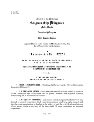 Thumbnail image for The Corporation Code of the Philippines discusses the following subjects: general provisions definitions and classifications; incorporation and organization of private corporations; board of directors/trustees and officers; general meetings; stocks and stockholders; corporate books and records; mergers and consolidation; appraisal; non-stock corporations (which includes: members, trustees and offices, and distribution of assets in non-stock corporations); close corporations; special corporations (which includes: educational corporations and religious corporations); dissolution; foreign corporations; and miscellaneous corporations. The Corporation Code provides the structure and guidelines needed to establish a corporation in the Philippines and also outlines governance procedures in various types of organizations, with accompanying reporting requirements.