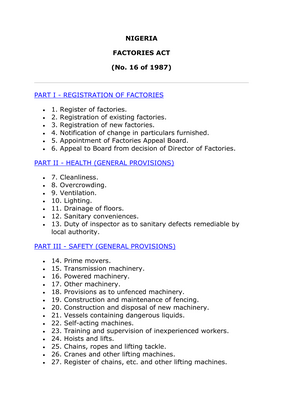 Thumbnail image for The Factories Act contains a number of reporting requirements for companies. Most of these relate to mechanical or dangerous equipment - hoists and lifts (Article 24); chains, ropes and lifting tackle (Article 25); cranes (Article 26); steam boilers (Article 31); steam receivers and containers (Article 32); and air receivers (Article 33) - and requires the authority of such equipment to submit a report after each safety test and examination to the Director of Factories. Additionally, Article 51 requires that the factory owner shall submit a report to the local inspector in the case of a workplace accident that leads to death or disablement of an employee for three or more days.