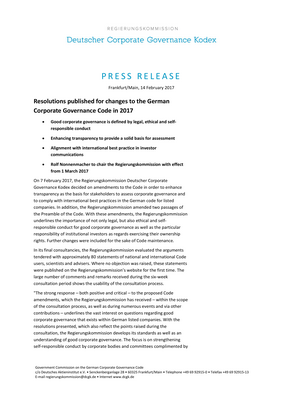 Thumbnail image for This document is concerned with the 2017 amendments to the Corporate Governance Code in order to enhance transparency as the basis for stakeholders to assess corporate governance and to comply with international best practices in the German code for listed companies.