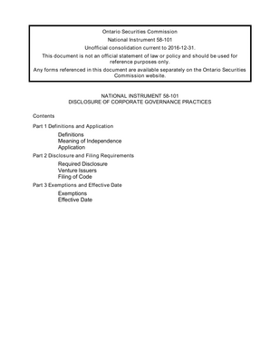 Thumbnail image for This Canadian National Instrument sets out the disclosure and filing requirements relating to corporate governance practices that apply to a reporting issuer other than: An investment fund or issuer of asset-backed securities.