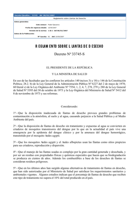 Thumbnail image for The objective of this Regulation is to protect public health and the environment by establishing requirements, conditions and controls for the treatment of waste tires, which satisfy current health and environmental requirements.